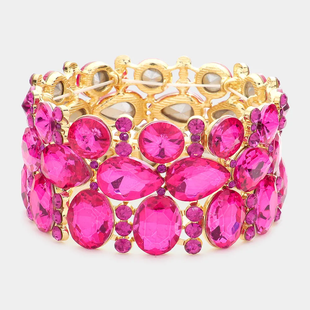 Wide Fuchsia Crystal Multi Cluster Stone Pageant Bracelet   | Prom Bracelet | 602668