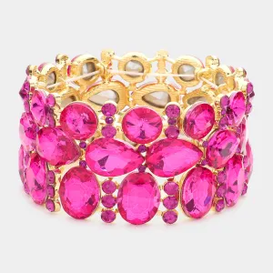 Wide Fuchsia Crystal Multi Cluster Stone Pageant Bracelet   | Prom Bracelet | 602668