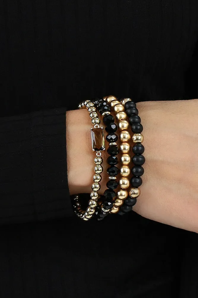 Wood and Crystal Beaded Set of 4 Stretch Bracelets -Gray