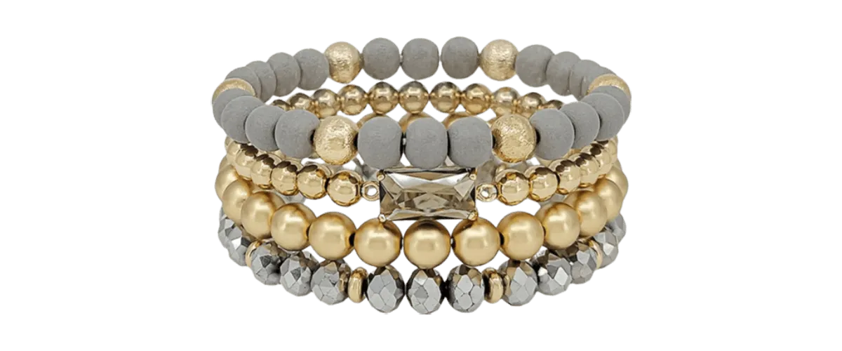 Wood and Crystal Beaded Set of 4 Stretch Bracelets -Gray