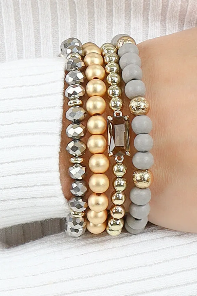Wood and Crystal Beaded Set of 4 Stretch Bracelets -Multi