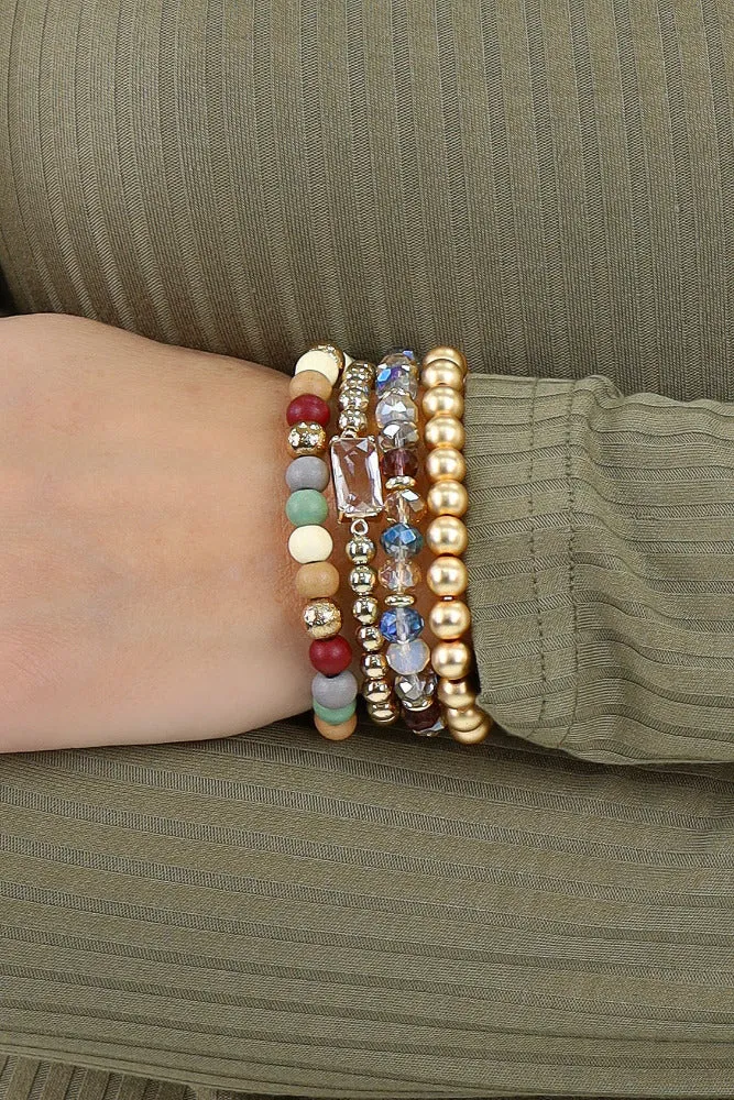 Wood and Crystal Beaded Set of 4 Stretch Bracelets -Multi
