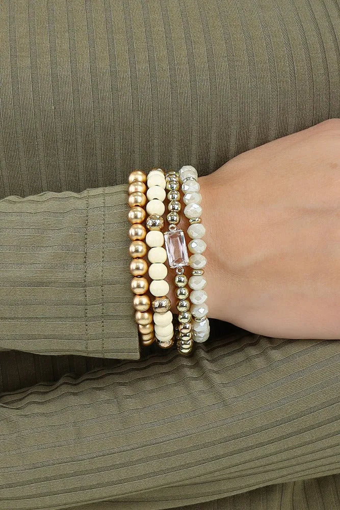Wood and Crystal Beaded Set of 4 Stretch Bracelets -Multi