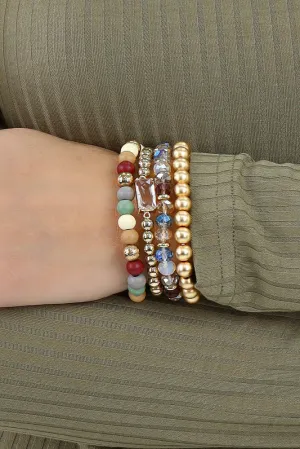 Wood and Crystal Beaded Set of 4 Stretch Bracelets -Multi